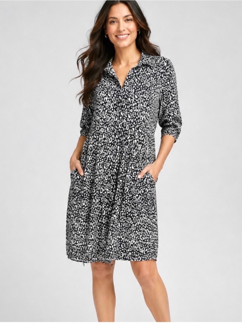 Chico's Zenergy Neema Bungee Hem Shirt Dress Animal Print Pockets Size Small